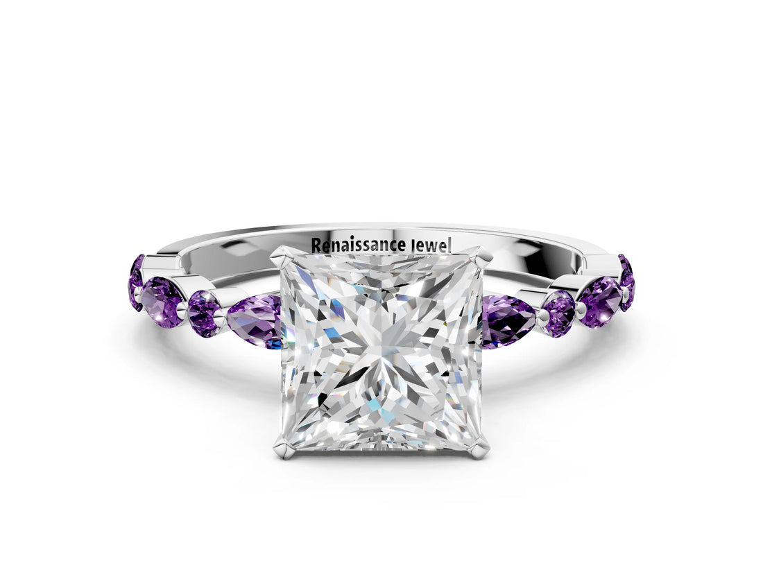 White gold Princess Cut Diamond Ring with Marquise and Round with Amethyst side stone Side Stones and Four-Prong Setting_12