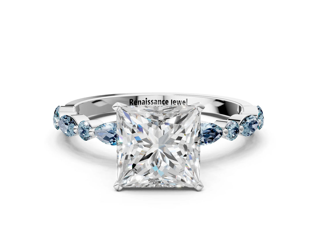 Silver 0.41 Carat D VVS2 Princess Aquamarine Ring with Marquise and Round Side Stones and Four-Prong Setting