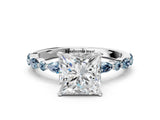 Silver 0.41 Carat D VVS2 Princess Aquamarine Ring with Marquise and Round Side Stones and Four-Prong Setting