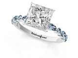 Silver 0.41 Carat D VVS2 Princess Aquamarine Ring with Marquise and Round Side Stones and Four-Prong Setting