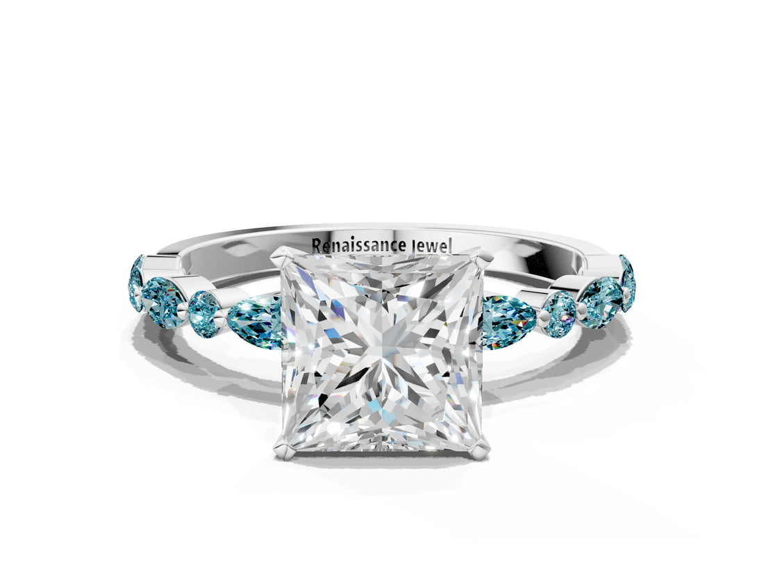 White gold Princess Cut Diamond Ring with Marquise and Round with Blue Topaz side stone Side Stones and Four-Prong Setting_24