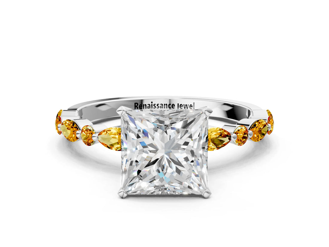White gold Princess Cut Diamond Ring with Marquise and Round with Citrine side stone Side Stones and Four-Prong Setting_12