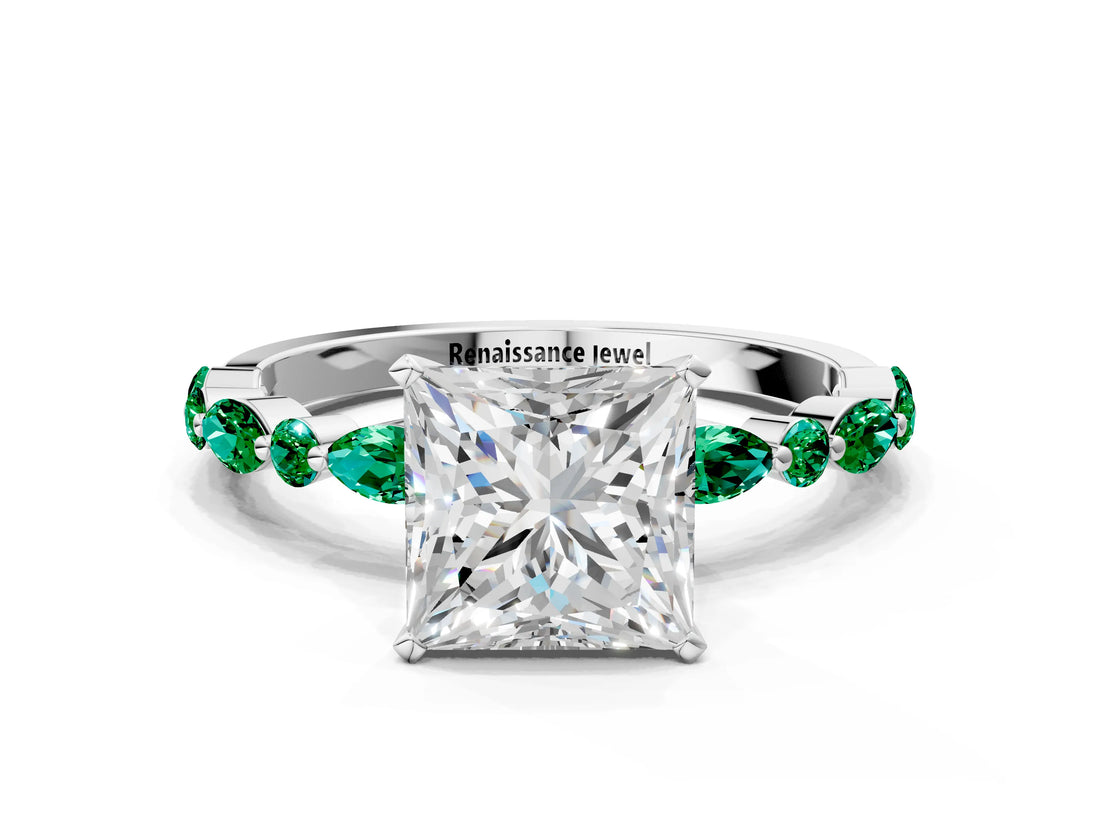 White gold Princess Cut Diamond Ring with Marquise and Round with Emerald side stone Side Stones and Four-Prong Setting_72