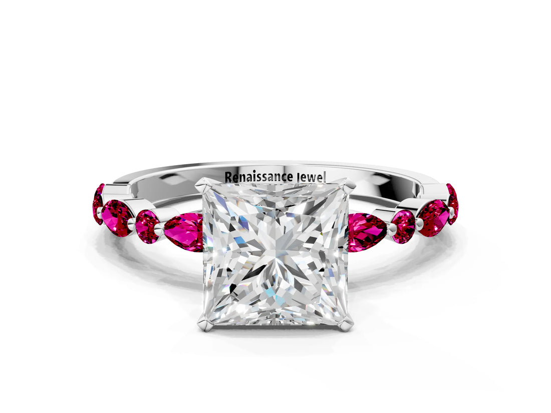 White gold Princess Cut Diamond Ring with Marquise and Round with Garnet side stone Side Stones and Four-Prong Setting_24