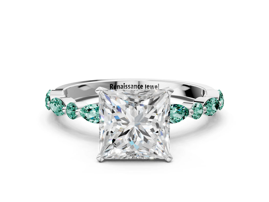 White gold Princess Cut Diamond Ring with Marquise and Round with Green Sapphire side stone Side Stones and Four-Prong Setting_12