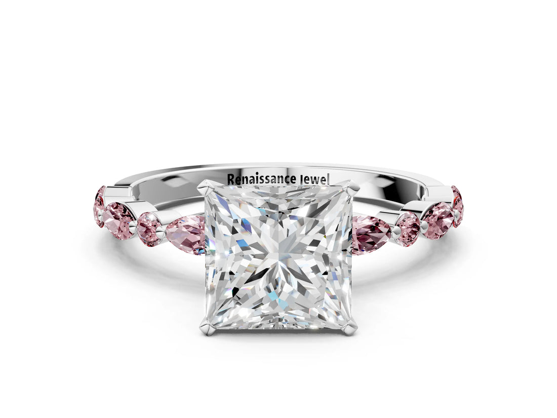 White gold Princess Cut Diamond Ring with Marquise and Round with Morganite side stone Side Stones and Four-Prong Setting_12