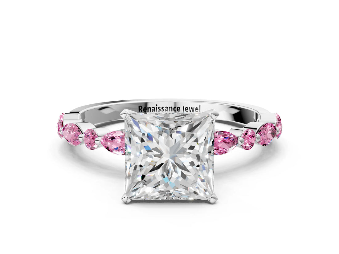 White gold Princess Cut Diamond Ring with Marquise and Round with Pink Sapphire side stone Side Stones and Four-Prong Setting_9