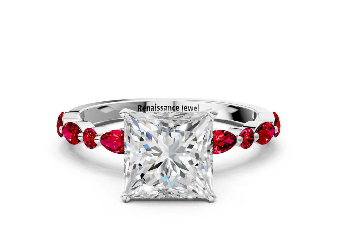 White gold Princess Cut Diamond Ring with Marquise and Round with Ruby side stone Side Stones and Four-Prong Setting_36
