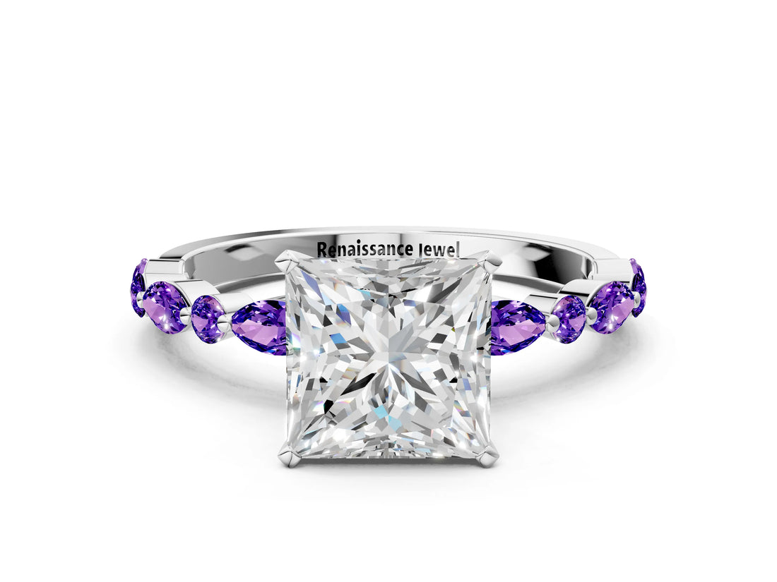 White gold Princess Cut Diamond Ring with Marquise and Round with Tanzanite side stone Side Stones and Four-Prong Setting_24