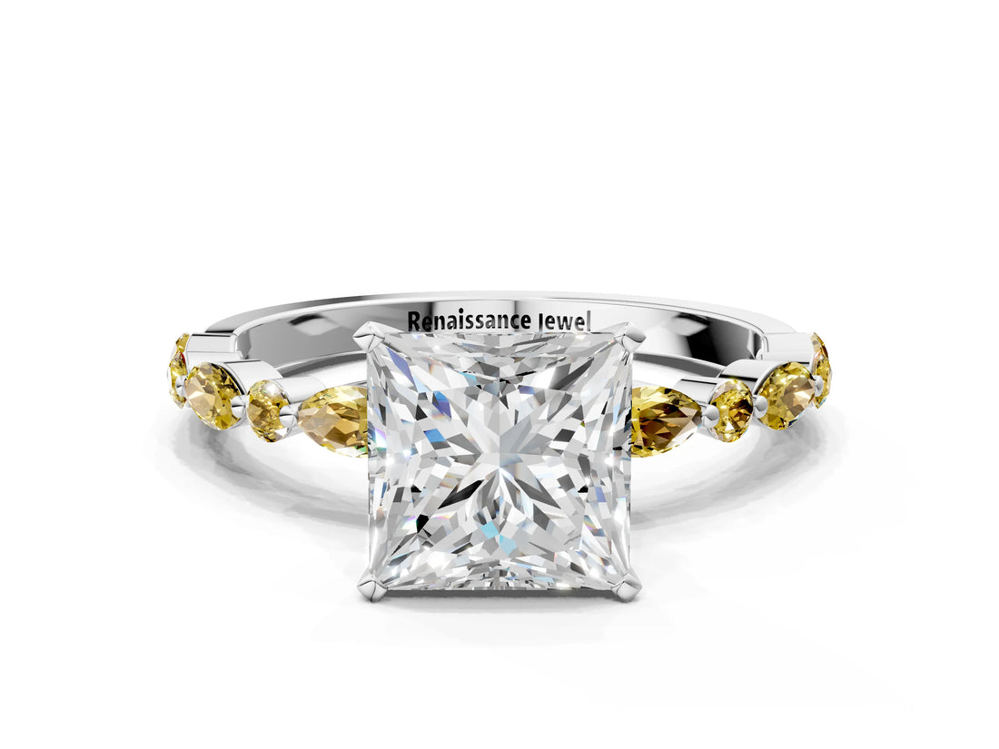 White gold Princess Cut Diamond Ring with Marquise and Round with Yellow Sapphire side stone Side Stones and Four-Prong Setting_54