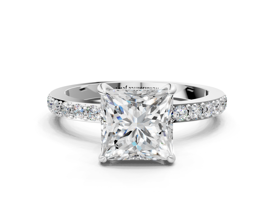 14K White Gold 2.06 Carat E VVS2 Princess Diamond Ring with Pavé Band and Four-Prong Setting