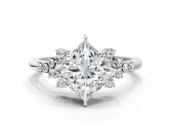 White gold Princess Cut Diamond Ring with Side Stones and Four-Prong Setting