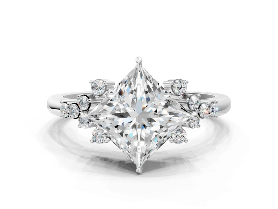 White gold Princess Cut Diamond Ring with Side Stones and Four-Prong Setting