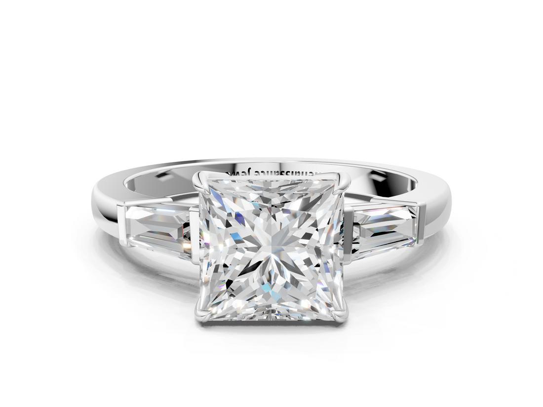 White gold Princess Cut Diamond Ring with Tapered Baguette Side Stones in Four-Prong Setting_32