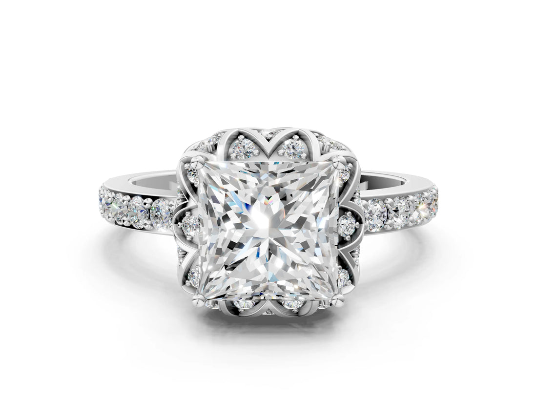 White gold Princess Cut Diamond Scalloped Halo Engagement Ring with Round Shared Prong Band_12