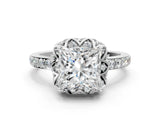 White gold Princess Cut Diamond Scalloped Halo Engagement Ring with Round Shared Prong Band_12