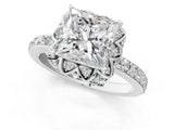 White gold Princess Cut Diamond Scalloped Halo Engagement Ring with Round Shared Prong Band_13