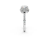 White gold Princess Cut Diamond Scalloped Halo Engagement Ring with Round Shared Prong Band_14