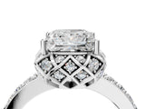 White gold Princess Cut Diamond Scalloped Halo Engagement Ring with Round Shared Prong Band_16