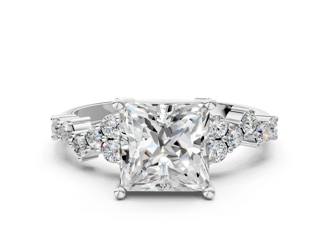 White gold Princess Cut Diamond Scattered Round Accent Ring with Prong Setting_18