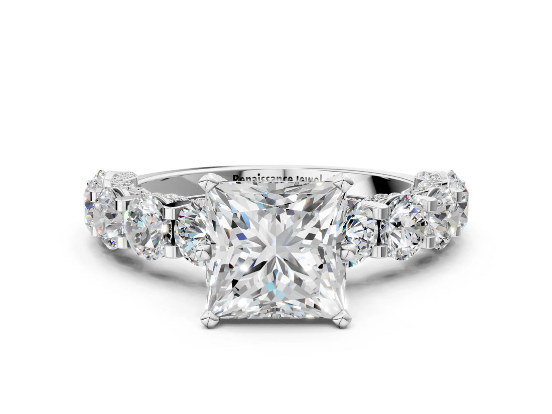 White gold Princess Cut Diamond Side Stone Engagement Ring with Four-Prong Setting_24