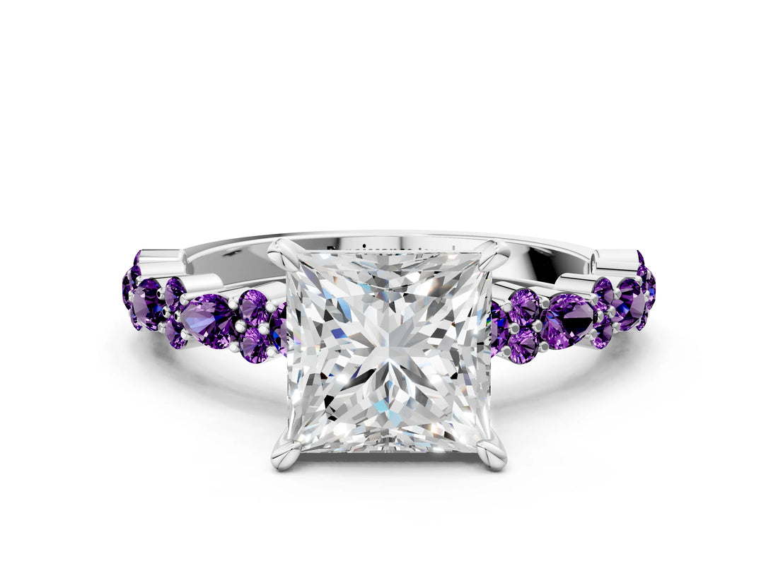White gold Princess Cut Diamond Side Stone Solitaire Ring with Round with Amethyst side stone and Four-Prong Setting