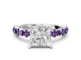 White gold Princess Cut Diamond Side Stone Solitaire Ring with Round with Amethyst side stone and Four-Prong Setting