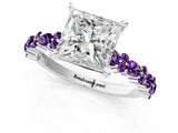 White gold Princess Cut Diamond Side Stone Solitaire Ring with Round with Amethyst side stone and Four-Prong Setting_1