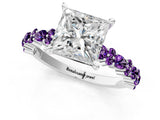 White gold Princess Cut Diamond Side Stone Solitaire Ring with Round with Amethyst side stone and Four-Prong Setting_1