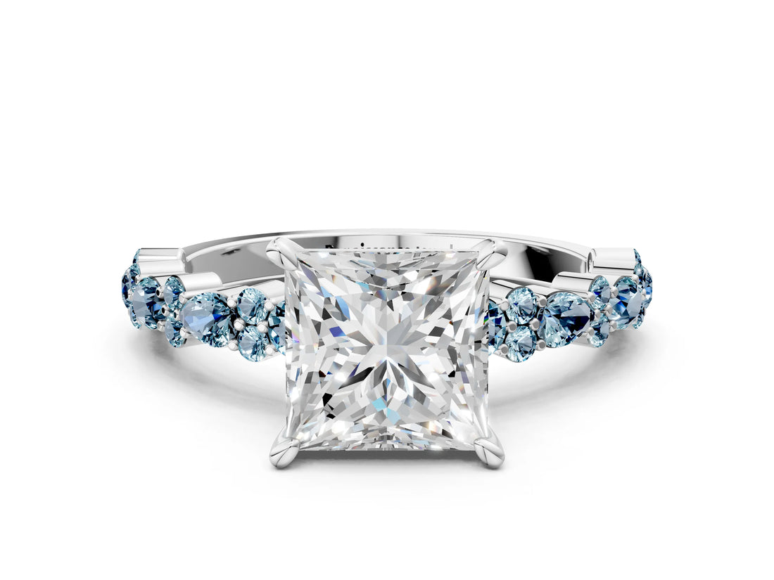 White gold Princess Cut Diamond Side Stone Solitaire Ring with Round with Aquamarine side stone and Four-Prong Setting