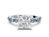 White gold Princess Cut Diamond Side Stone Solitaire Ring with Round with Aquamarine side stone and Four-Prong Setting
