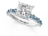 White gold Princess Cut Diamond Side Stone Solitaire Ring with Round with Aquamarine side stone and Four-Prong Setting_1