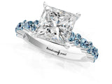 White gold Princess Cut Diamond Side Stone Solitaire Ring with Round with Aquamarine side stone and Four-Prong Setting_13