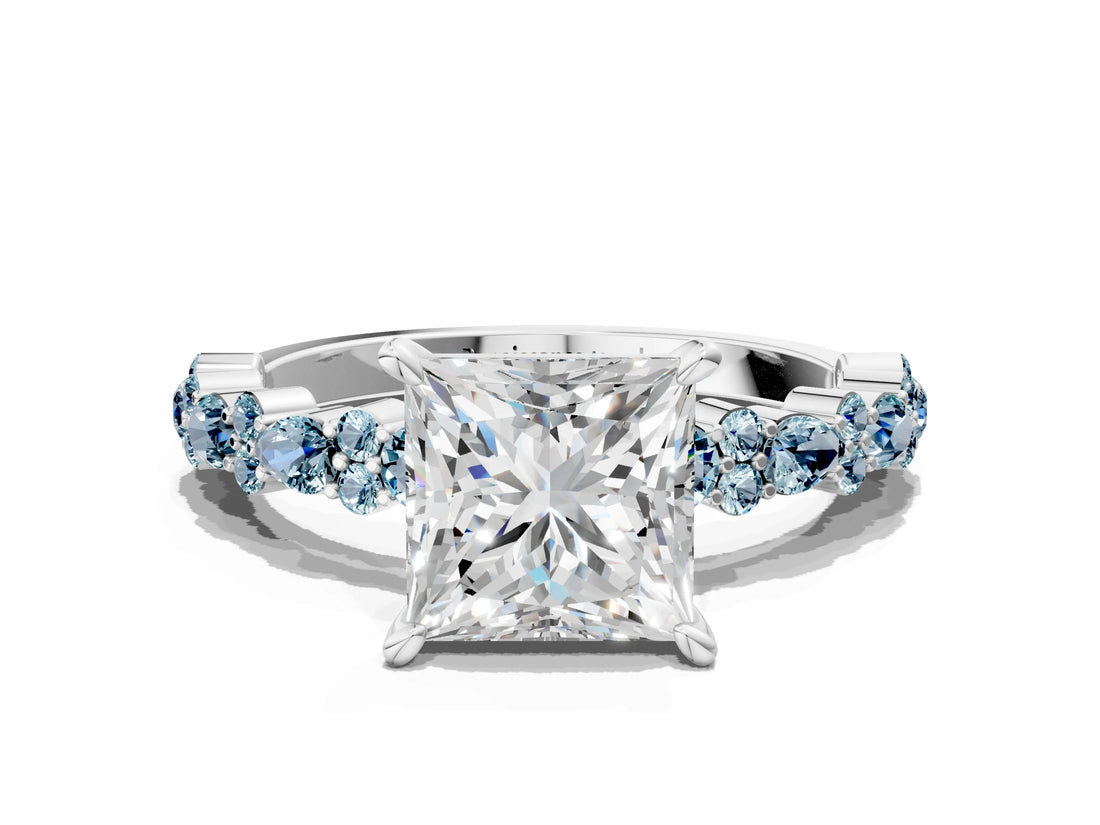 White gold Princess Cut Diamond Side Stone Solitaire Ring with Round with Aquamarine side stone and Four-Prong Setting_18
