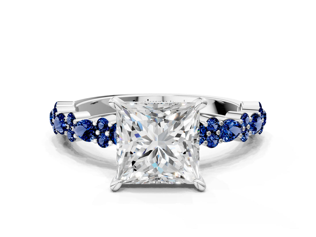 White gold Princess Cut Diamond Side Stone Solitaire Ring with Round with Blue Sapphire side stone and Four-Prong Setting