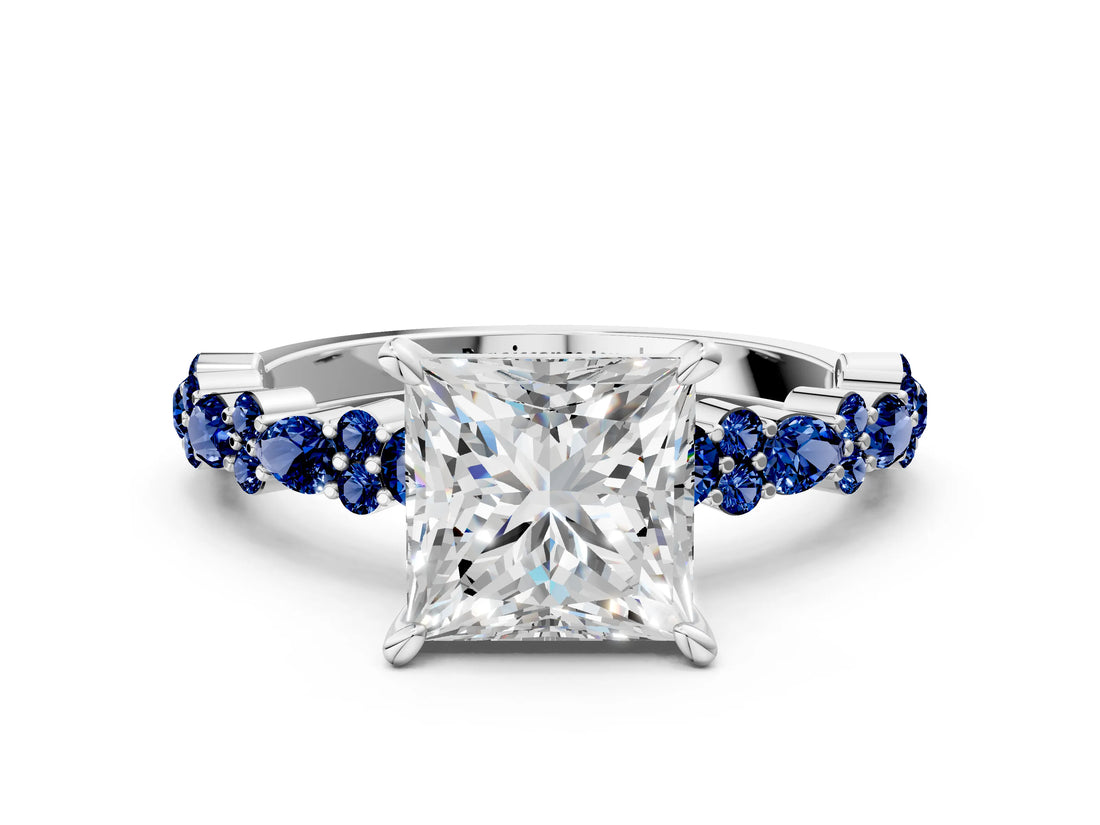 White gold Princess Cut Diamond Side Stone Solitaire Ring with Round with Blue Sapphire side stone and Four-Prong Setting_12