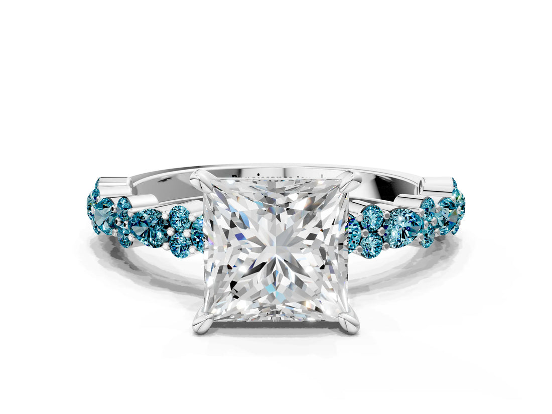 White gold Princess Cut Diamond Side Stone Solitaire Ring with Round with Blue Topaz side stone and Four-Prong Setting