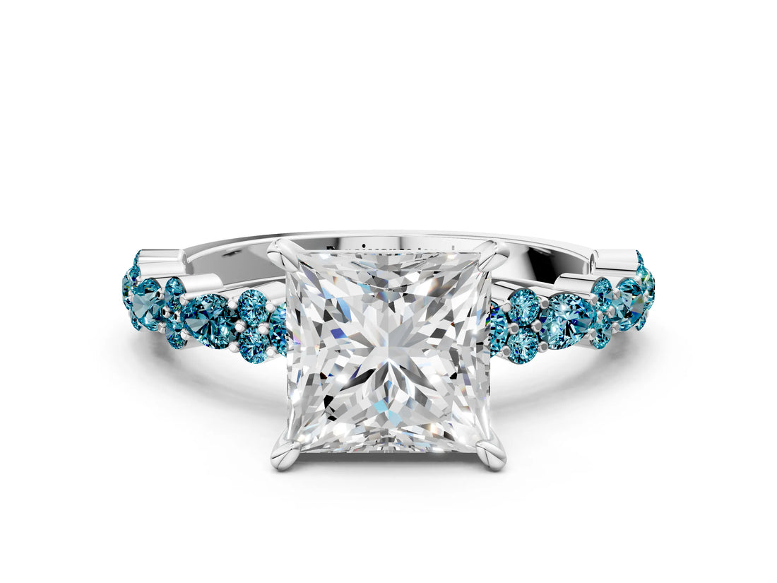 White gold Princess Cut Diamond Side Stone Solitaire Ring with Round with Blue Topaz side stone and Four-Prong Setting_12