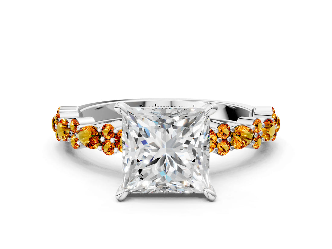 White gold Princess Cut Diamond Side Stone Solitaire Ring with Round with Citrine side stone and Four-Prong Setting