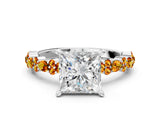 White gold Princess Cut Diamond Side Stone Solitaire Ring with Round with Citrine side stone and Four-Prong Setting
