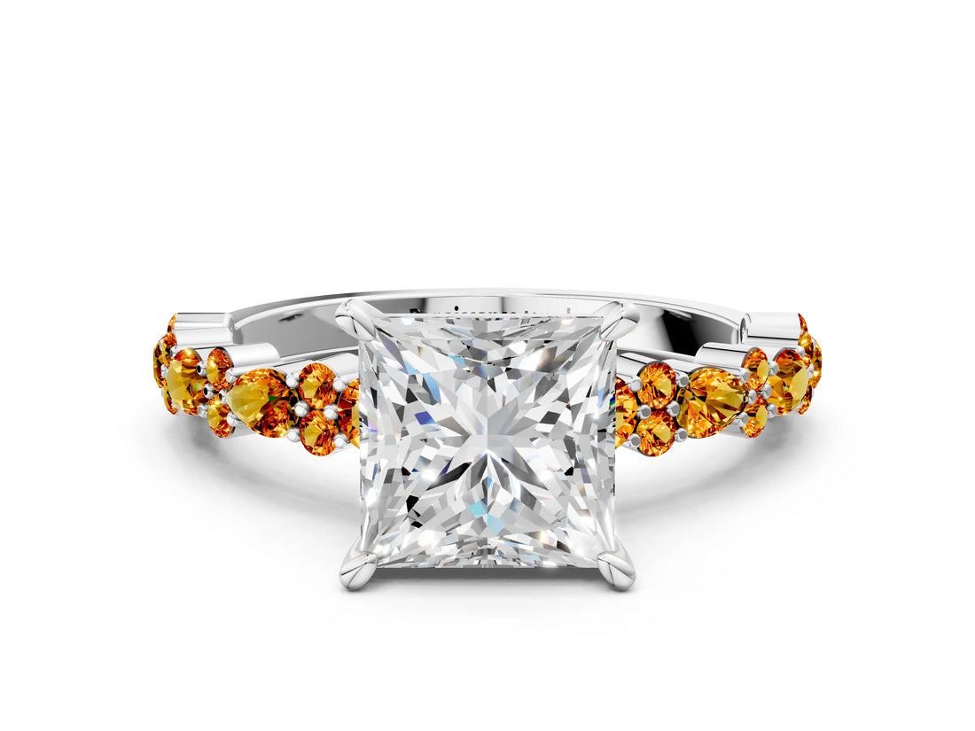 White gold Princess Cut Diamond Side Stone Solitaire Ring with Round with Citrine side stone and Four-Prong Setting_12