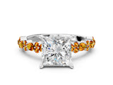 White gold Princess Cut Diamond Side Stone Solitaire Ring with Round with Citrine side stone and Four-Prong Setting