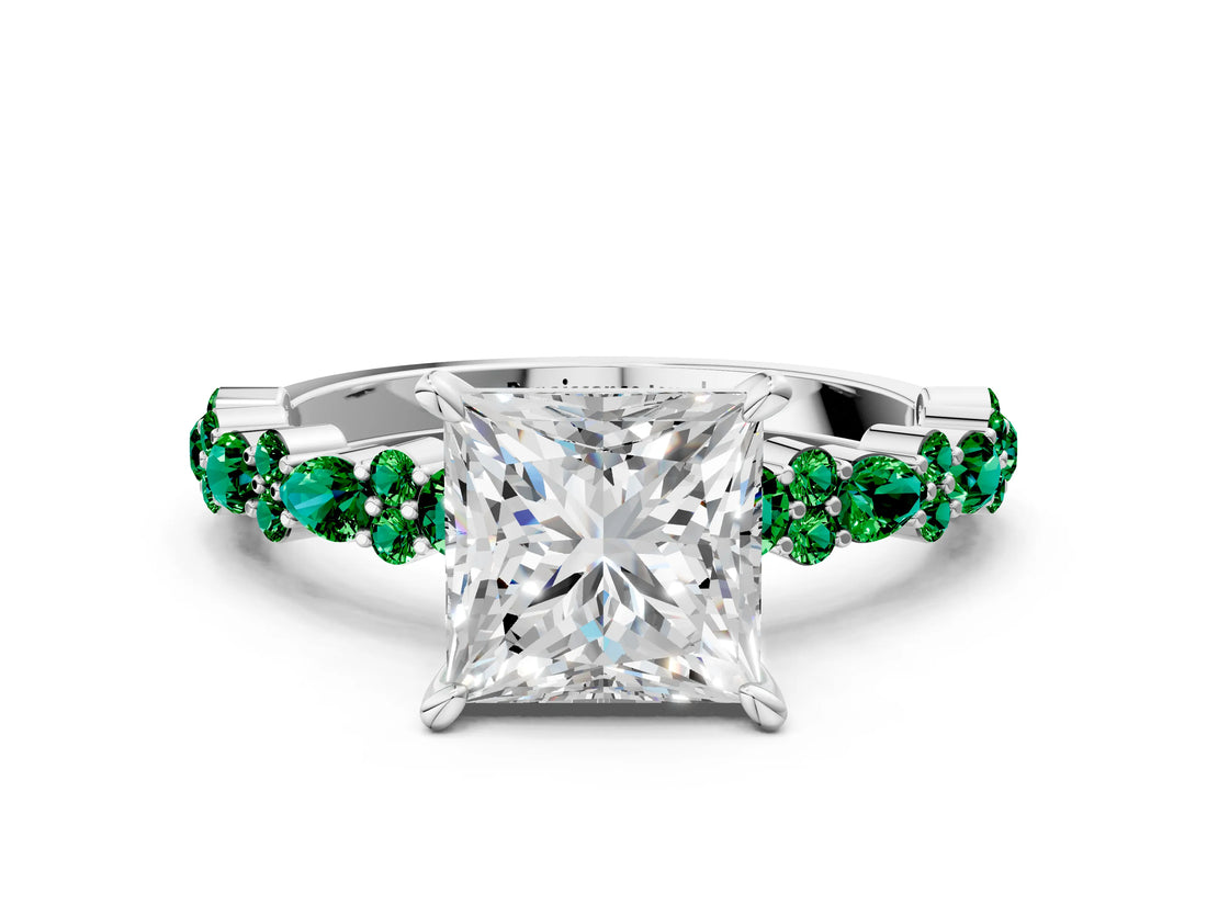 White gold Princess Cut Diamond Side Stone Solitaire Ring with Round with Emerald side stone and Four-Prong Setting