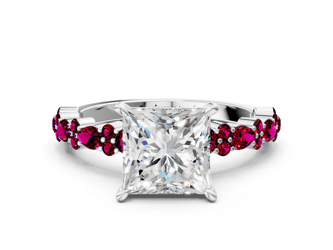 White gold Princess Cut Diamond Side Stone Solitaire Ring with Round with Garnet side stone and Four-Prong Setting