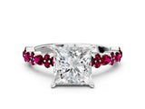 White gold Princess Cut Diamond Side Stone Solitaire Ring with Round with Garnet side stone and Four-Prong Setting