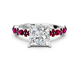 White gold Princess Cut Diamond Side Stone Solitaire Ring with Round with Garnet side stone and Four-Prong Setting_12