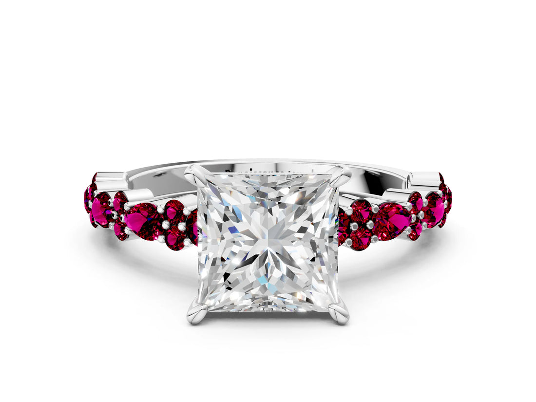 White gold Princess Cut Diamond Side Stone Solitaire Ring with Round with Garnet side stone and Four-Prong Setting_18