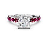 White gold Princess Cut Diamond Side Stone Solitaire Ring with Round with Garnet side stone and Four-Prong Setting_18