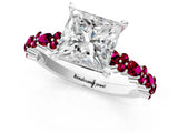 White gold Princess Cut Diamond Side Stone Solitaire Ring with Round with Garnet side stone and Four-Prong Setting_19