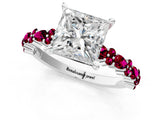 White gold Princess Cut Diamond Side Stone Solitaire Ring with Round with Garnet side stone and Four-Prong Setting_1